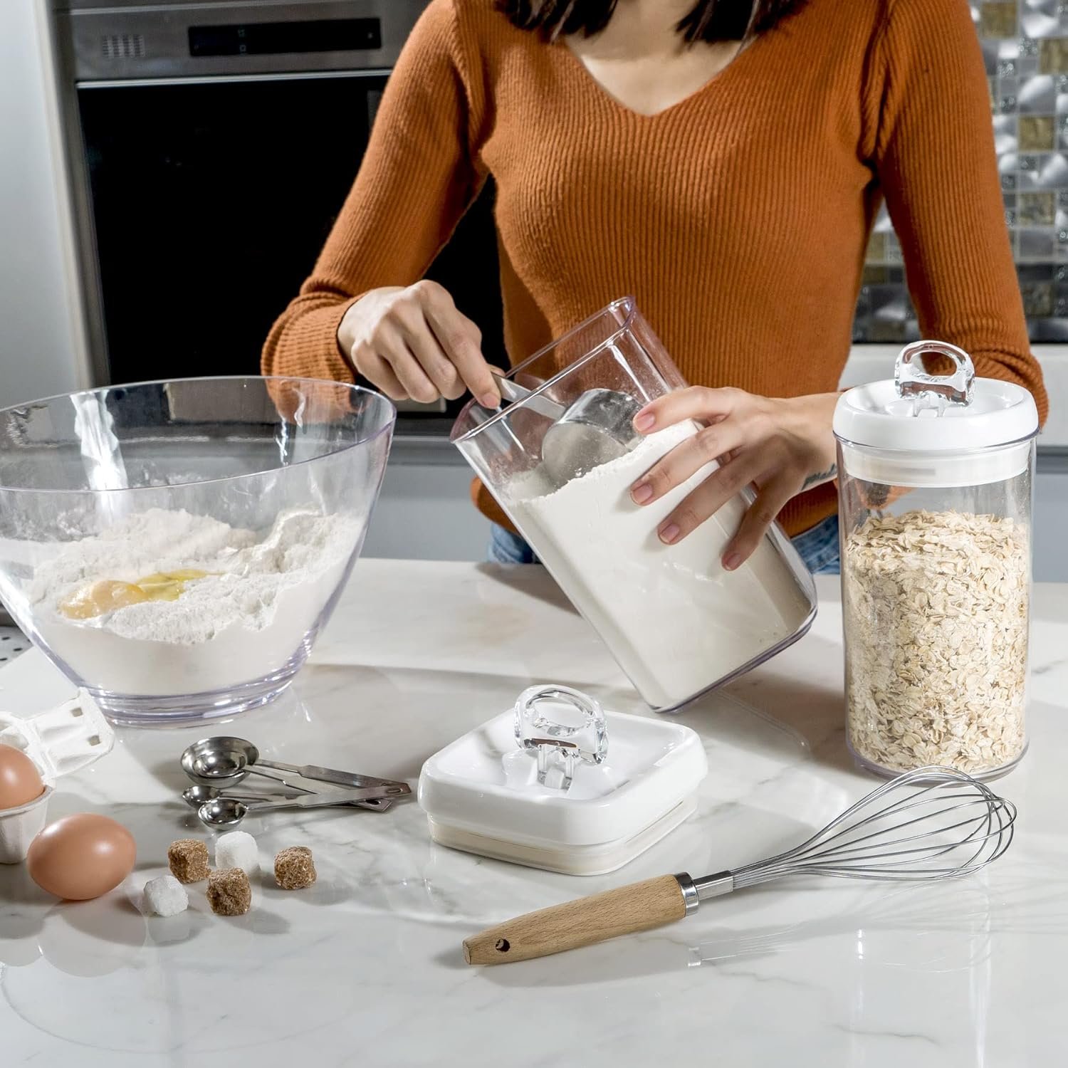 direct bulk orders felli flip tite food storage container with lid 5” large airtight easy open ring lock top, acrylic canister jar for rice sugar flour protein powder, kitchen pantry organizer christmas gift (1.8 qt) low-cost wholesale