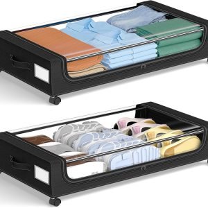 factory direct gomaihe under bed storage with wheels: xxl 48l underbed storage containers with clear lids - rolling drawers & bins for shoes clothes in dorm bedroom - space-saving easy pull-out black 2-pack oem/odm services