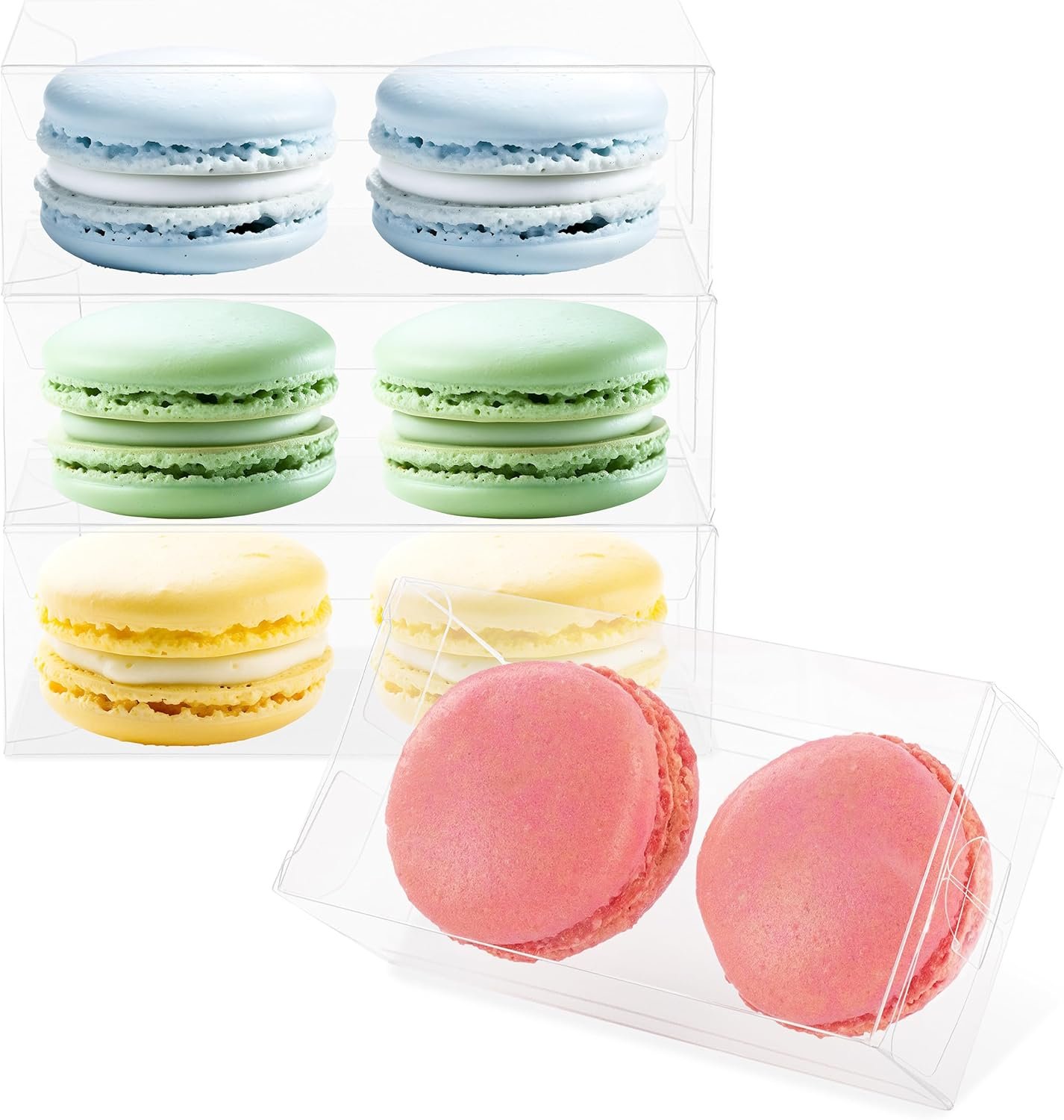 manufacturer direct lot45 macaron boxes for 2-100 pack of 4 x 2 x 1 inch clear favor boxes - side by side macaron box for wedding or party favors - plastic dessert packaging mini treat boxes for cookies and candy supplier direct