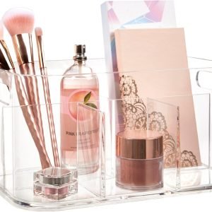 buy in bulk stori bliss 5-compartment plastic cosmetics storage organizer | clear | rectangular divided makeup bin & vanity caddy with pass-through handles | round corner design | made in usa source from factory