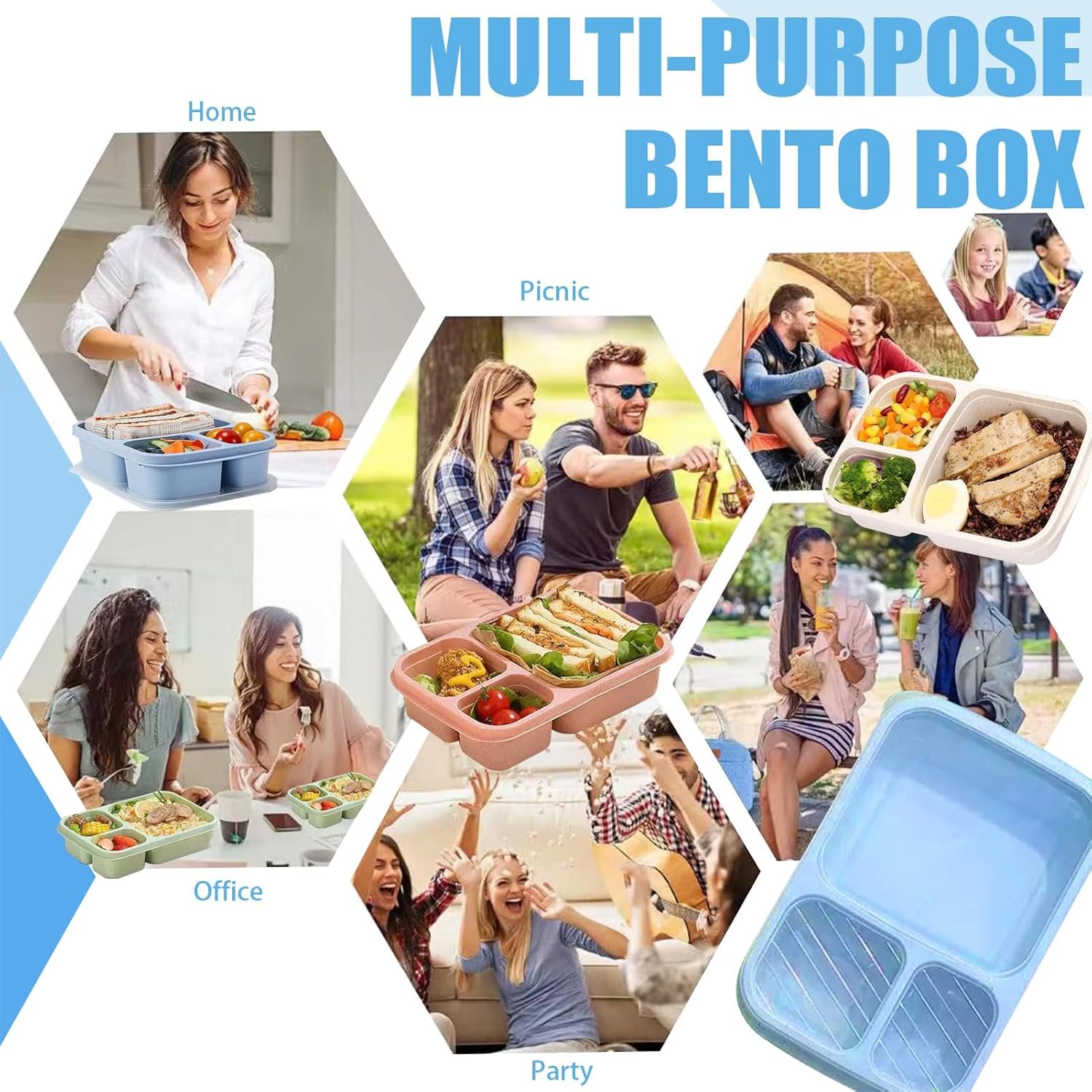 factory price 12 pack bento box, 3 compartment lunch box containers, wheat straw reusable food storage containers, freezer microwave and dishwasher safe snack containers for work school and travel volume discount