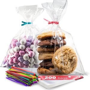 trade price prestee 200 pack clear cellophane bags for favors - transparent goodie bags for birthday party, 6x10 inch clear bags with 4-inch twist ties - candy, treat, cookie bags for gift giving wholesale supplier
