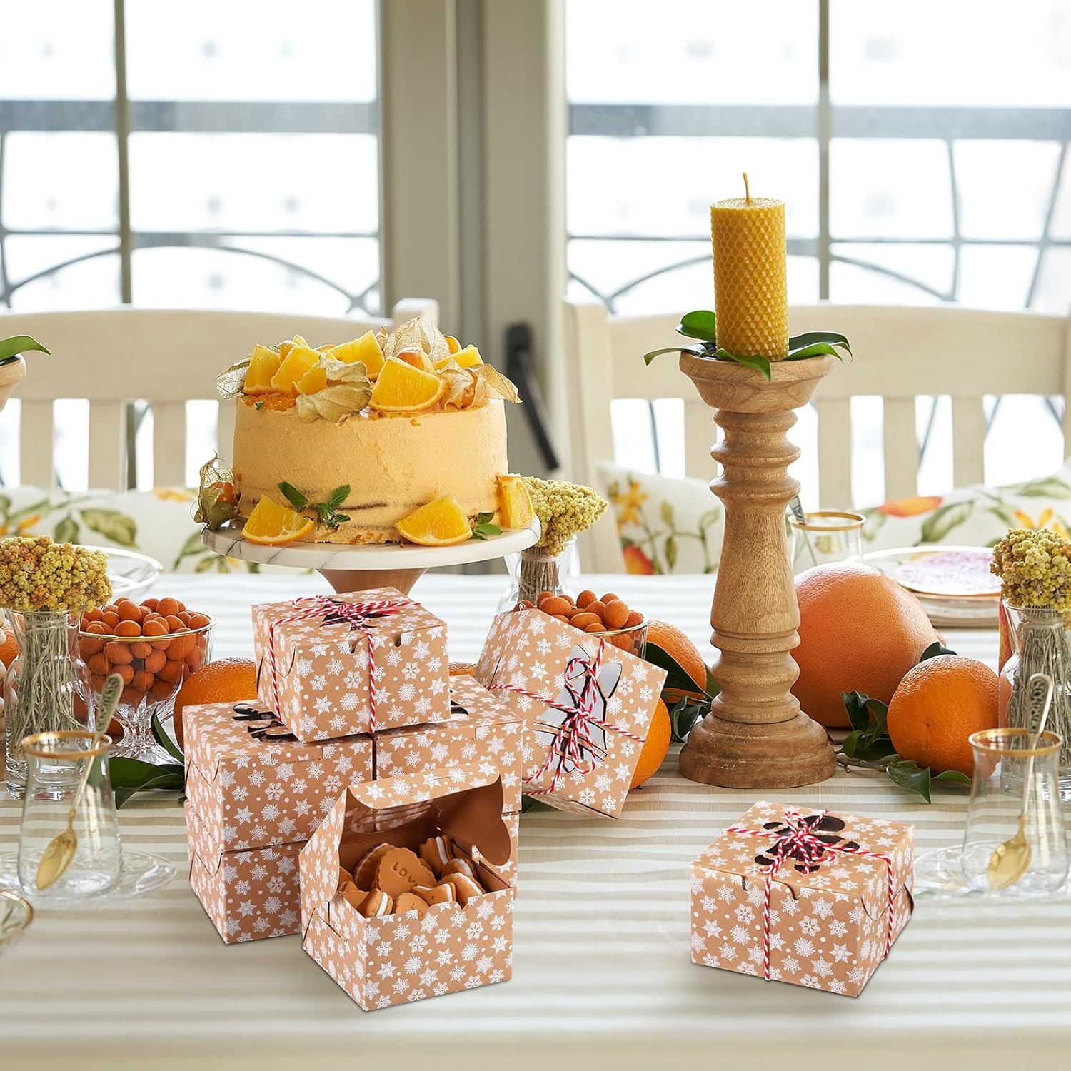 trade price tenare 30 pieces christmas cookie boxes with clear window cupcake boxes bakery boxes pastry packaging boxes brown kraft present box with rope for food present giving, 4 x 4 x 2.5 inches (delicate) wholesale supplier