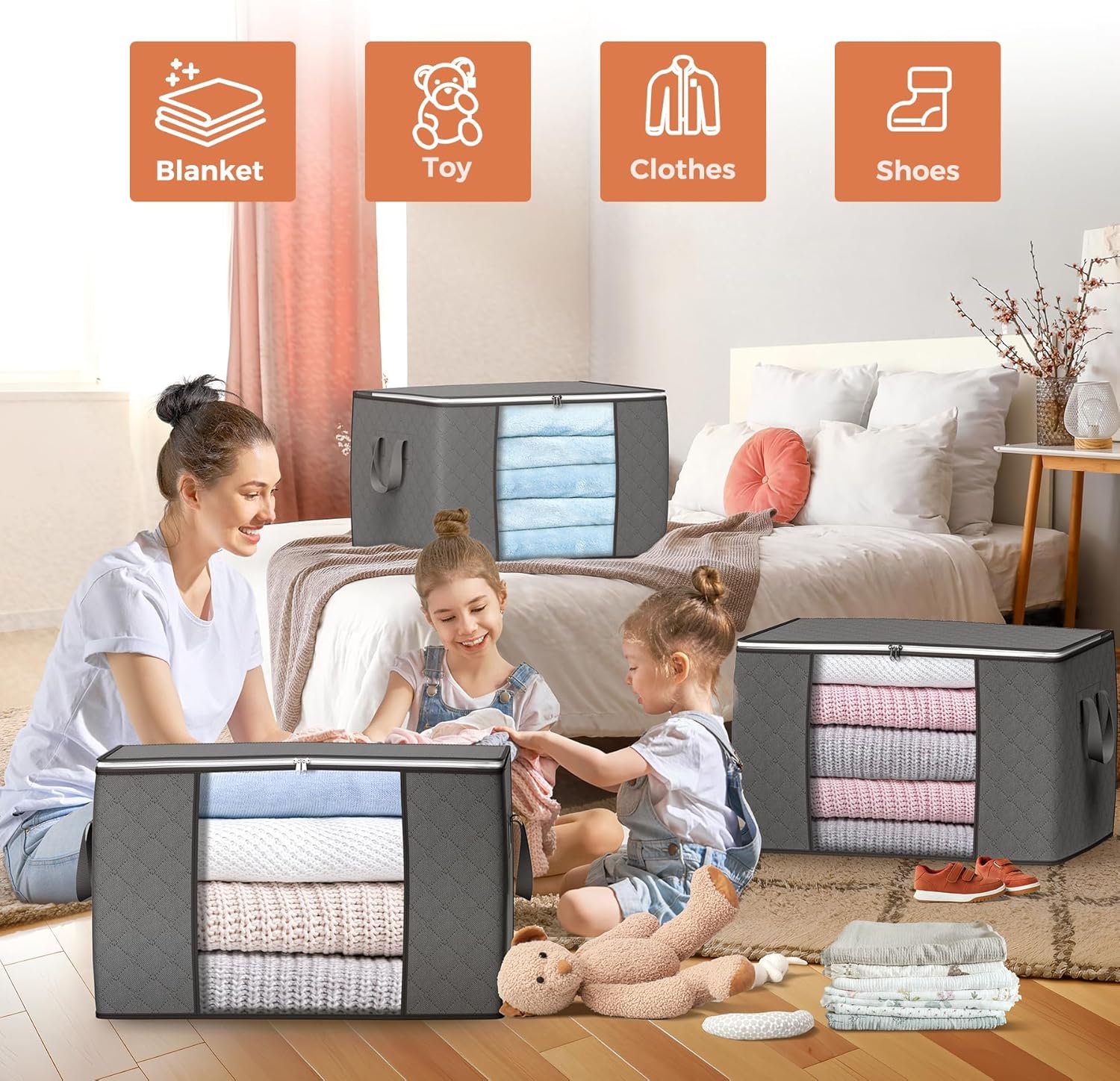 factory direct 90 l large storage bags, 6 pack clothes storage bins foldable closet organizers storage containers with reinforced handle for clothing, blanket, comforters, bed sheets, pillows and toys (gray) oem/odm services