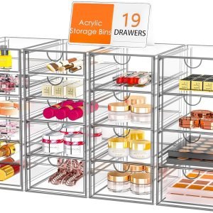 factory direct acrylic makeup organizer with 19 drawers, 4 pack clear storage drawers, bathroom makeup organizer for palettes, cosmetic, and beauty supplies,ideal for vanity, cabinet,desk organization oem/odm services