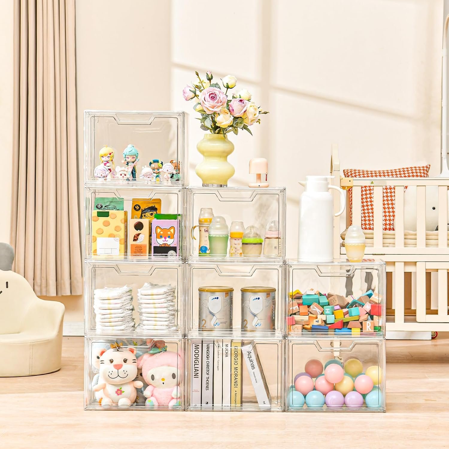 factory direct 3 pack clear storage bins with lids, storage containers with magnetic door, stackable acrylic display case for handbags, cosmetic, multifunctional storage boxes for dorm, living room, bedroom storage oem/odm services