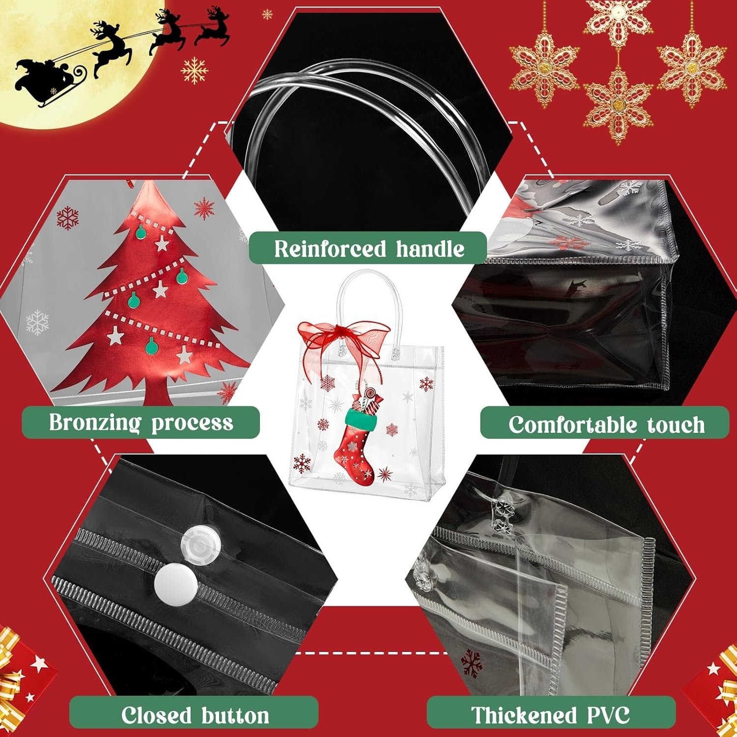 trade price henoyso 24 pcs christmas clear gift bags with handles plastic xmas candy treat bags with ribbon 7.8 x 7.8 x 3.1 pvc gift wrap totes for retail wedding birthday party favors(red) wholesale supplier