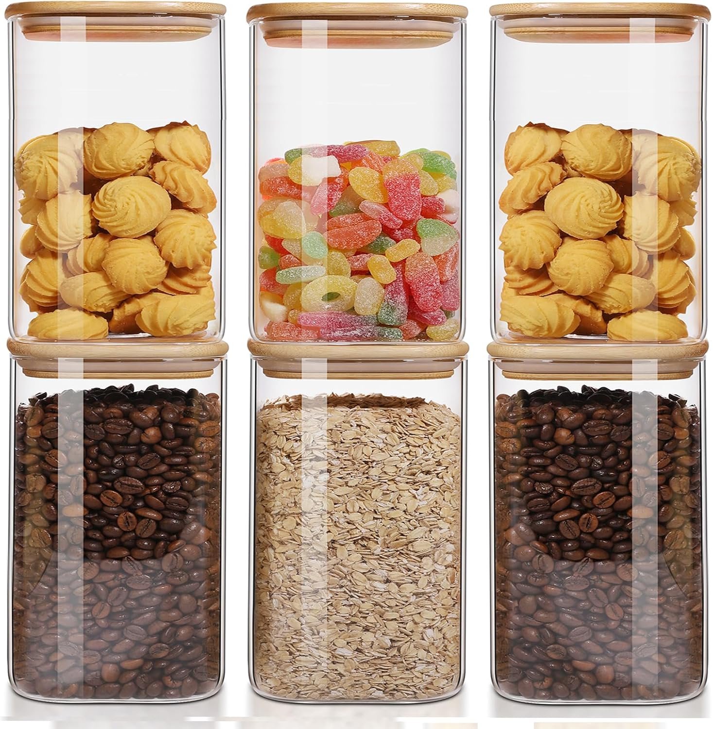 factory direct 50oz glass food storage jars set of 6,glass storage containers clear glass food canister with bamboo lid airtight for serving tea, coffee, flour, sugar, candy, cookie, spice and more (square) oem/odm services