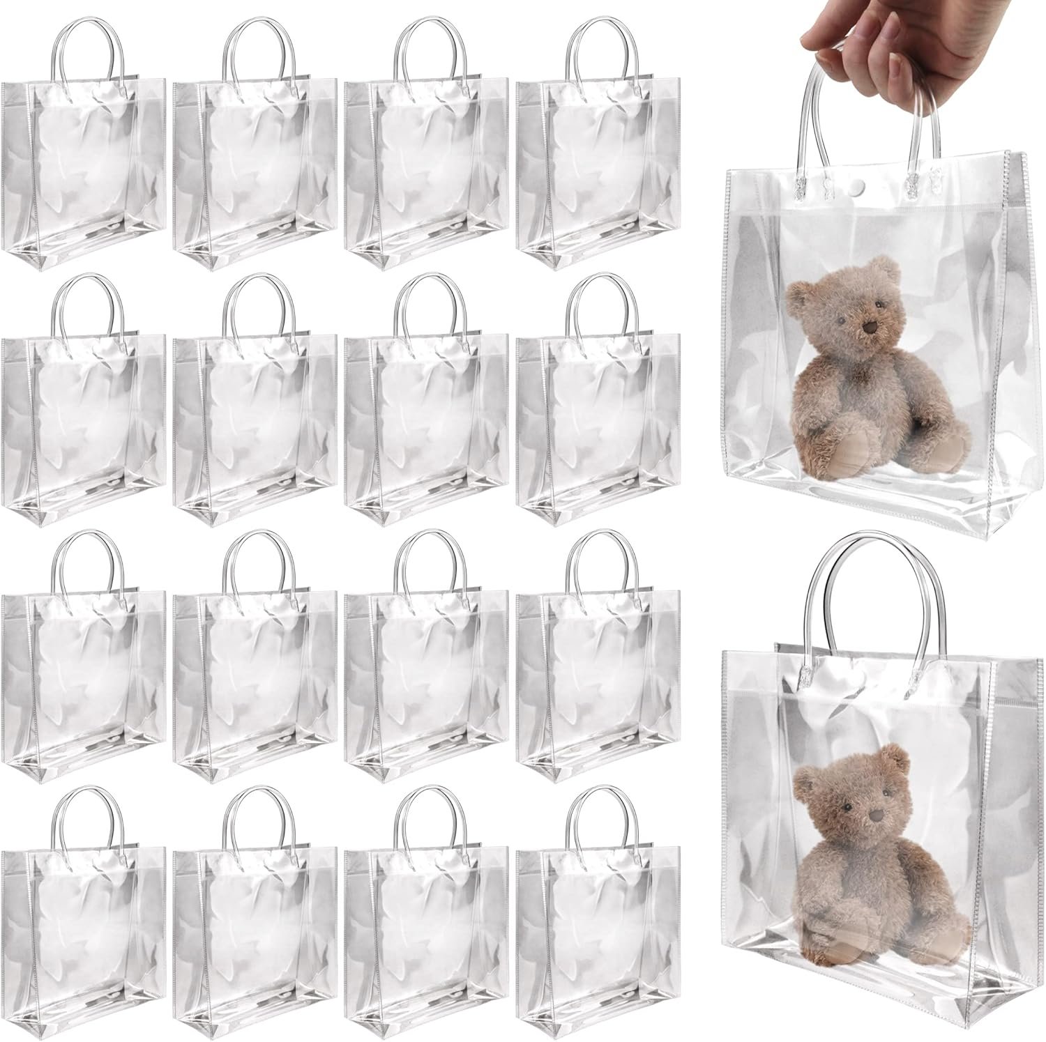 manufacturer direct badenbach 16 pcs clear gift bags with handle,7.87" x 7.87" x 3.15", plastic small clear gift bag clear goodie bag tote bags clear party favor bags for wedding birthday baby shower halloween christmas supplier direct