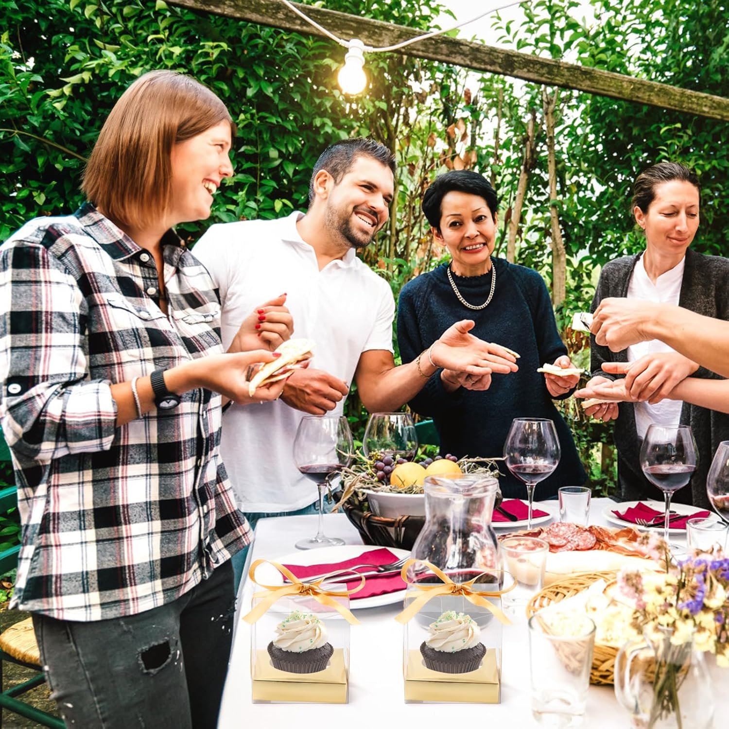 manufacturer direct 48 pcs clear plastic cupcake boxes, 3.5 inches individual cupcake holder with ribbons inserts, disposable single ornament gift box party favor containers for wedding baby shower party supplier direct