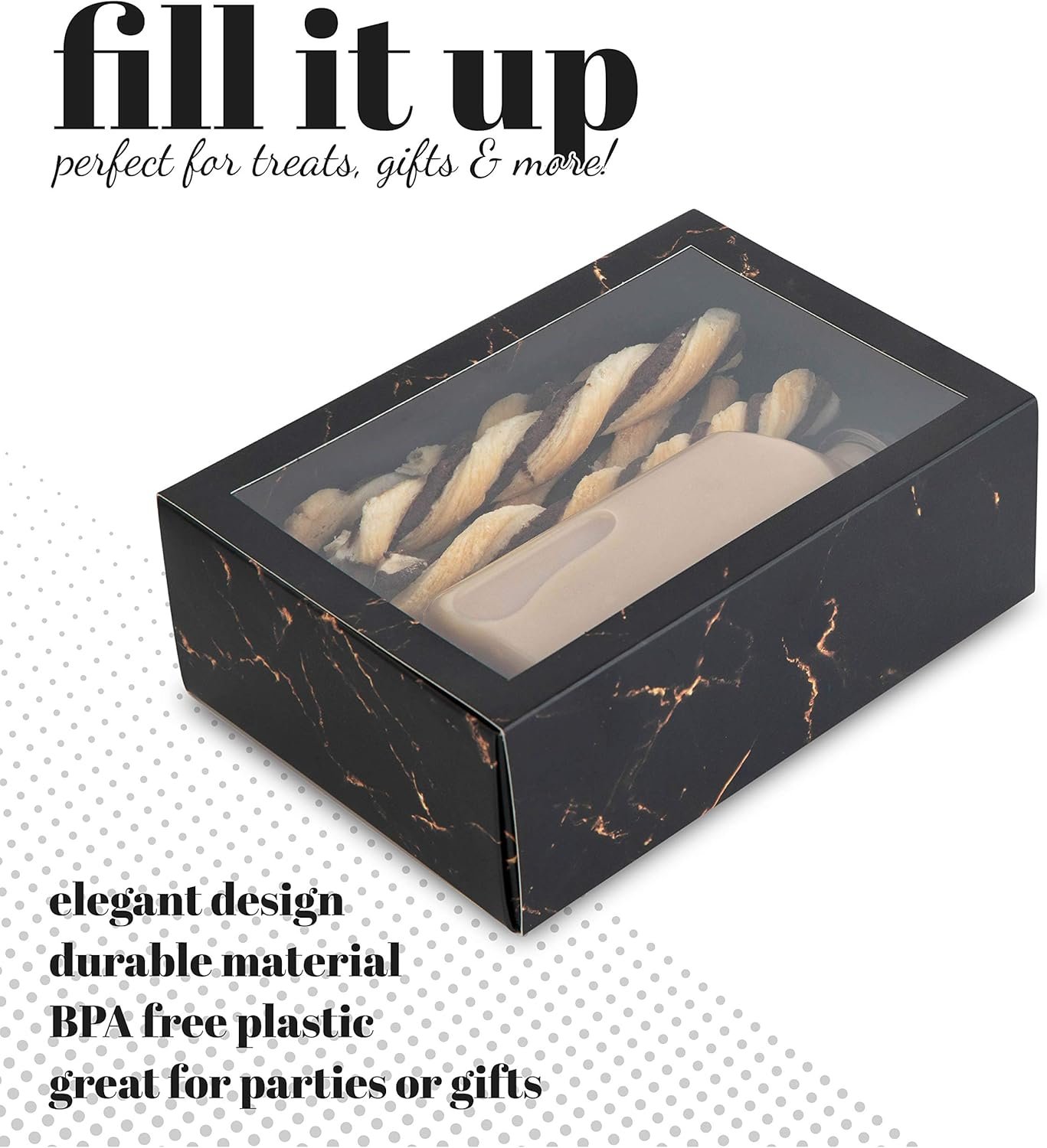 manufacturer direct hammont clear window gift boxes - 6 pack - rectangle shaped bakery boxes with clear pvc sleeve | treat boxes perfect for cakes, pastries, cookies, cupcakes, and party favors (black, 7.5” x 5” x 2.5”) supplier direct