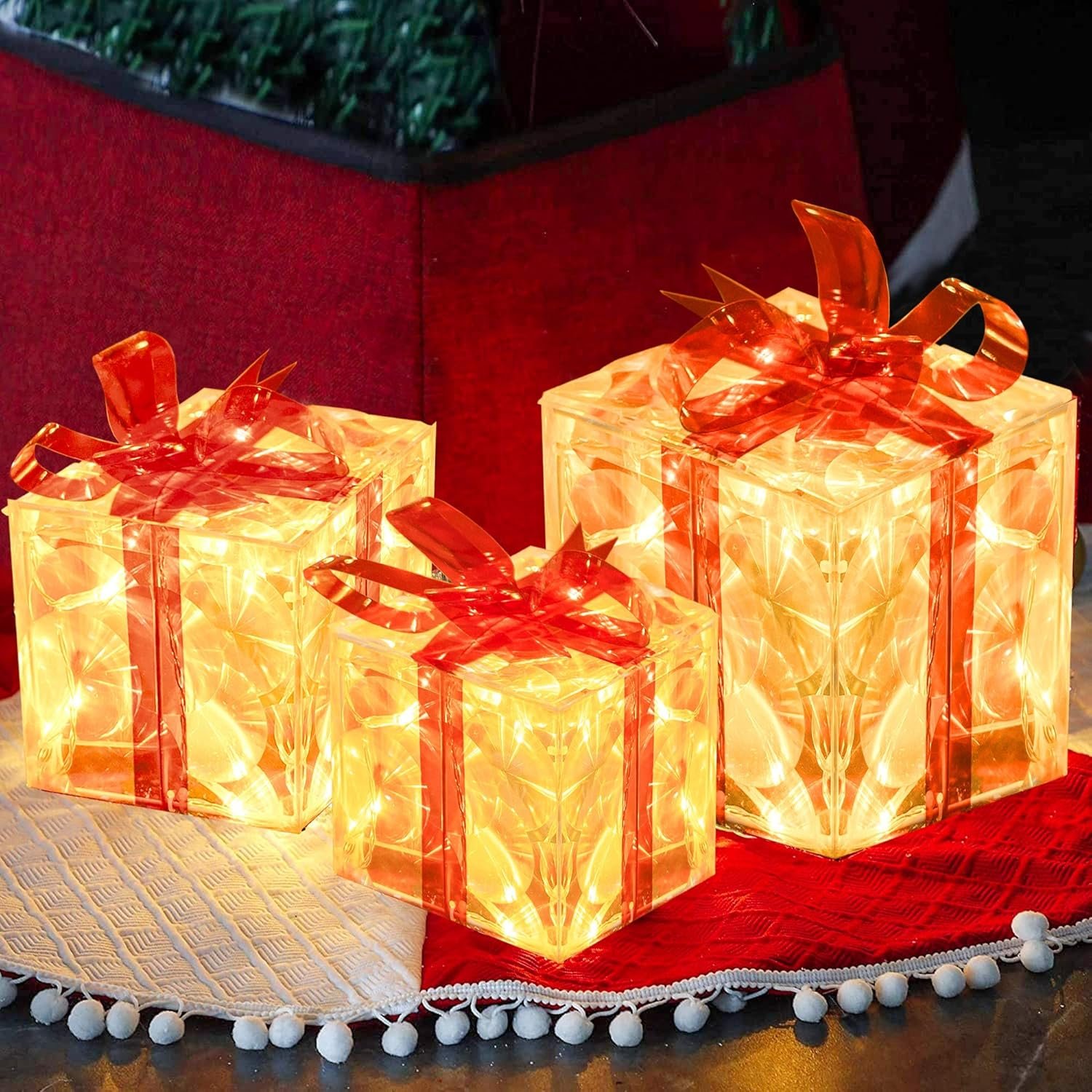 trade price funpeny set of 3 christmas 60 led lighted gift boxes, transparent warm white lighted christmas box decrations, presents boxs with red bows for christams tree, yard, home, christams decorations wholesale supplier