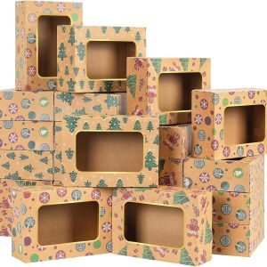 trade price moretoes 24pcs 8.25x6x2.75in christmas bakery cookie boxes with window, food packaging containers, xmas treat boxes for holiday party favor pastries, cupcakes, cookies, donuts, candy, gift giving wholesale supplier