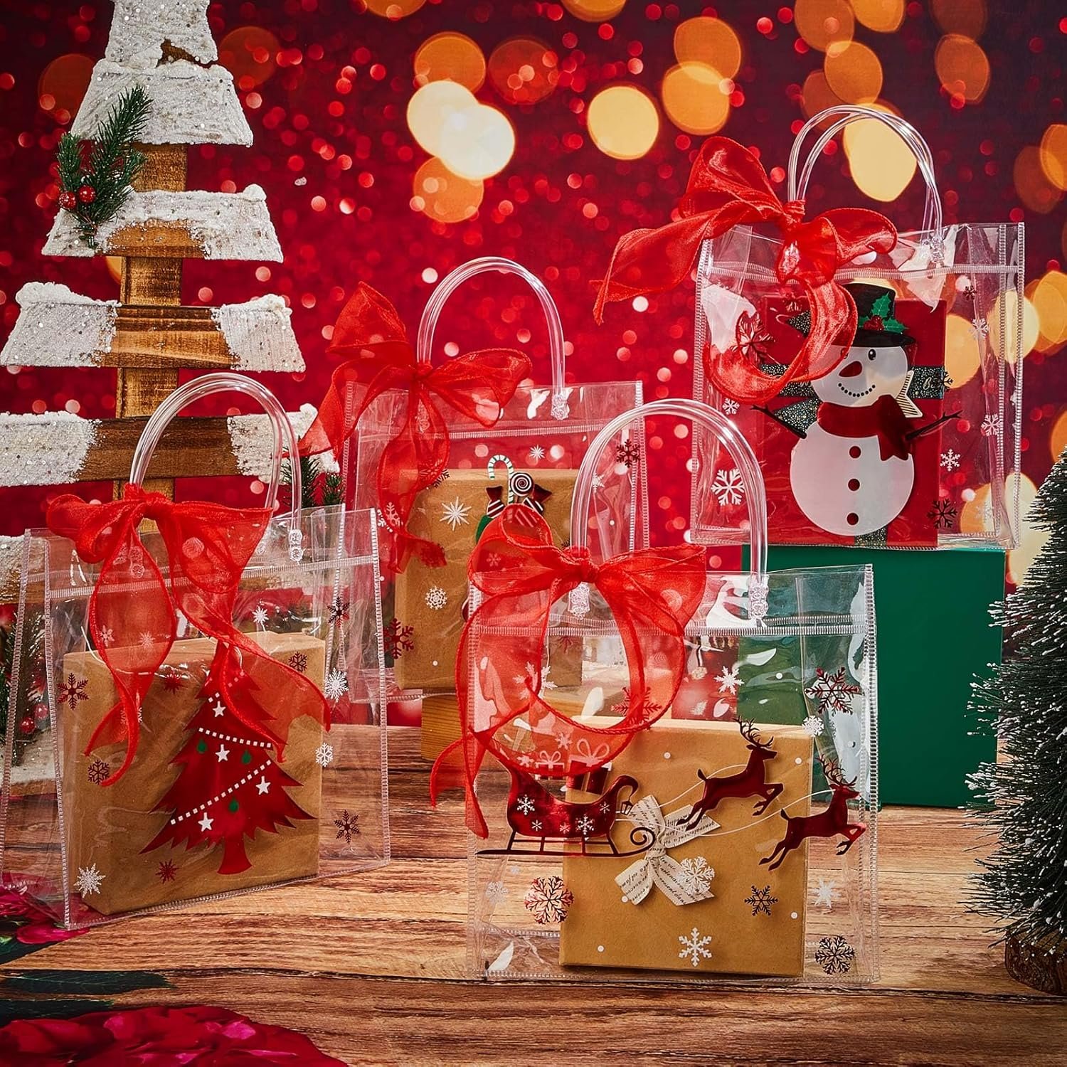 trade price henoyso 24 pcs christmas clear gift bags with handles plastic xmas candy treat bags with ribbon 7.8 x 7.8 x 3.1 pvc gift wrap totes for retail wedding birthday party favors(red) wholesale supplier