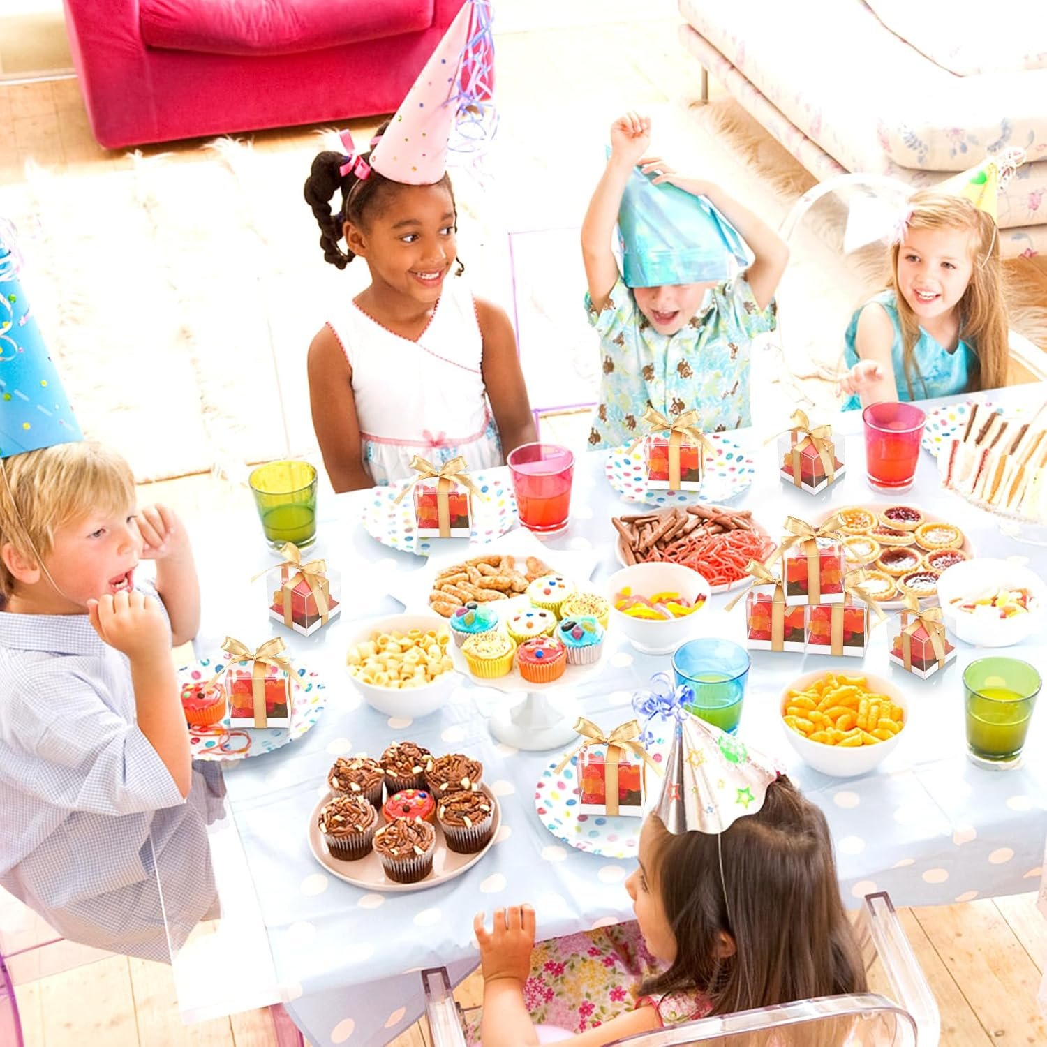 manufacturer direct hxezoc 50 pack favor boxes 2x2x2 inches clear candy treat boxes with gold ribbons, mini plastic gift boxes for wedding, birthday party, baby shower, classroom decoration supplies supplier direct