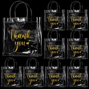 manufacturer direct clear thank you gift bags with handle clear plastic gift bag transparent pvc gift bag for wedding birthday party favor, 8 x 8 x 3 inch(30 pcs) supplier direct