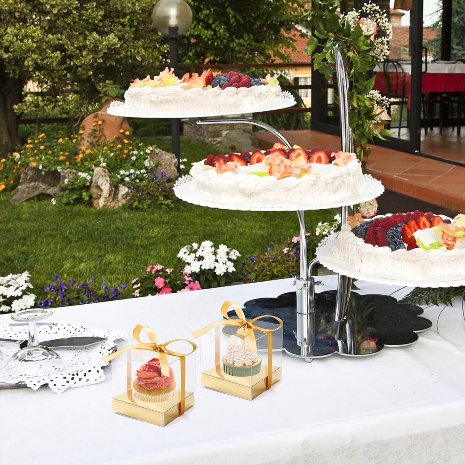 manufacturer direct 48 pcs clear plastic cupcake boxes, 3.5 inches individual cupcake holder with ribbons inserts, disposable single ornament gift box party favor containers for wedding baby shower party supplier direct