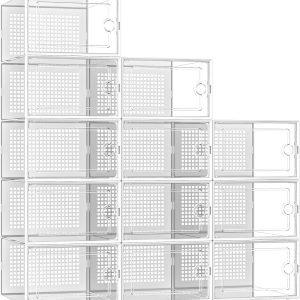 buy in bulk kuject x-large shoe storage boxes organizers clear plastic stackable 12 pack, shoe rack & holder substitute, sneaker containers, toy storage organizer bins for entryway, closet, under bed, white source from factory