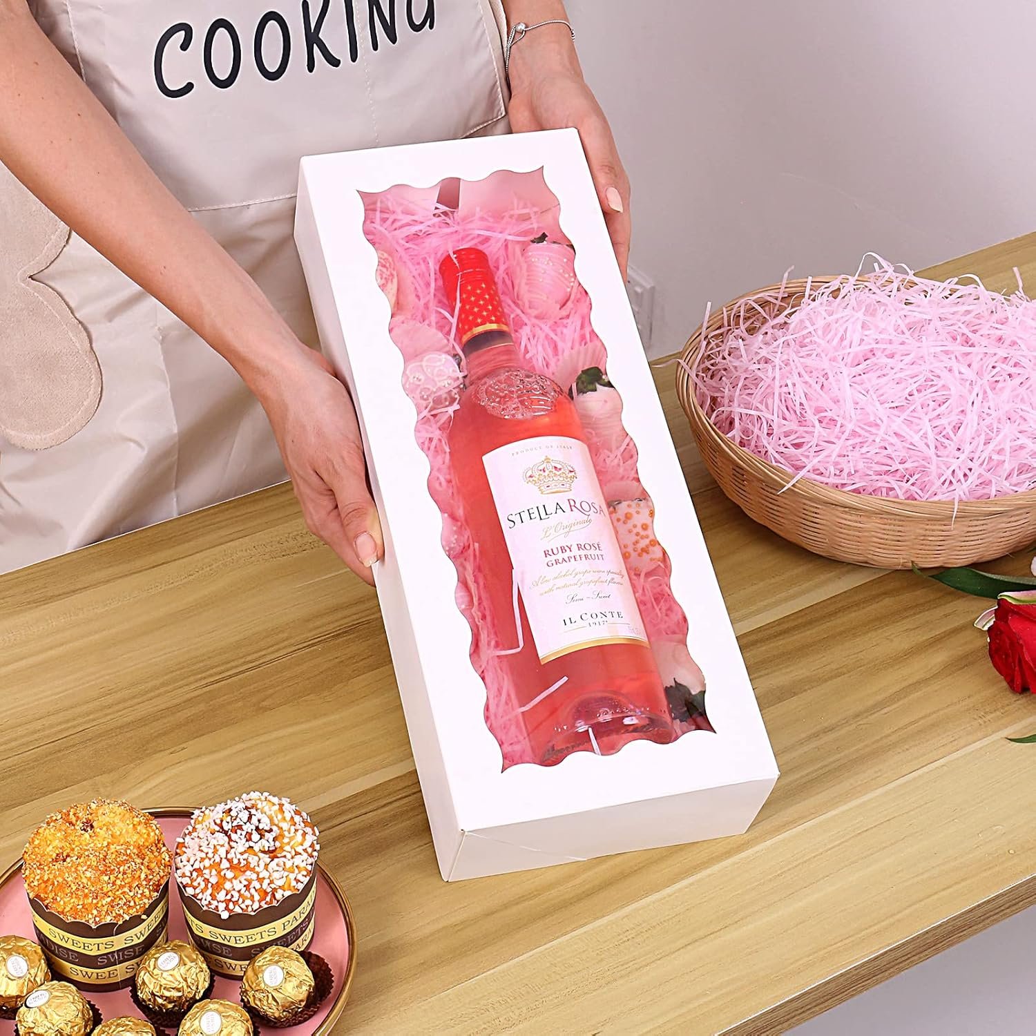 trade price 30-pack bakery boxes with window 16" x 6.5" x 3", cookie boxes, auto-popup long treat boxes for cookies, strawberries (white) wholesale supplier