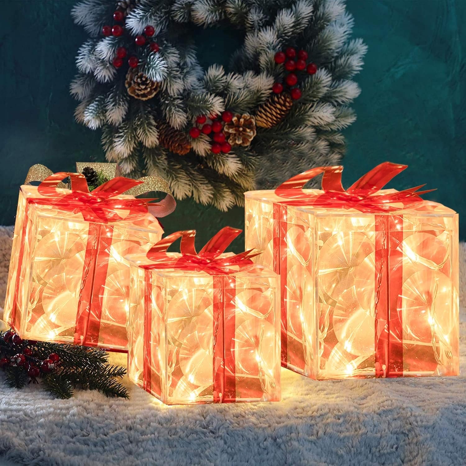trade price funpeny set of 3 christmas 60 led lighted gift boxes, transparent warm white lighted christmas box decrations, presents boxs with red bows for christams tree, yard, home, christams decorations wholesale supplier