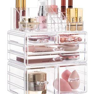 buy in bulk hblife acrylic clear dustproof makeup storage organizer drawers large skin care cosmetic display cases for bathroom stackable storage box with 6 drawers for vanity (clear) source from factory