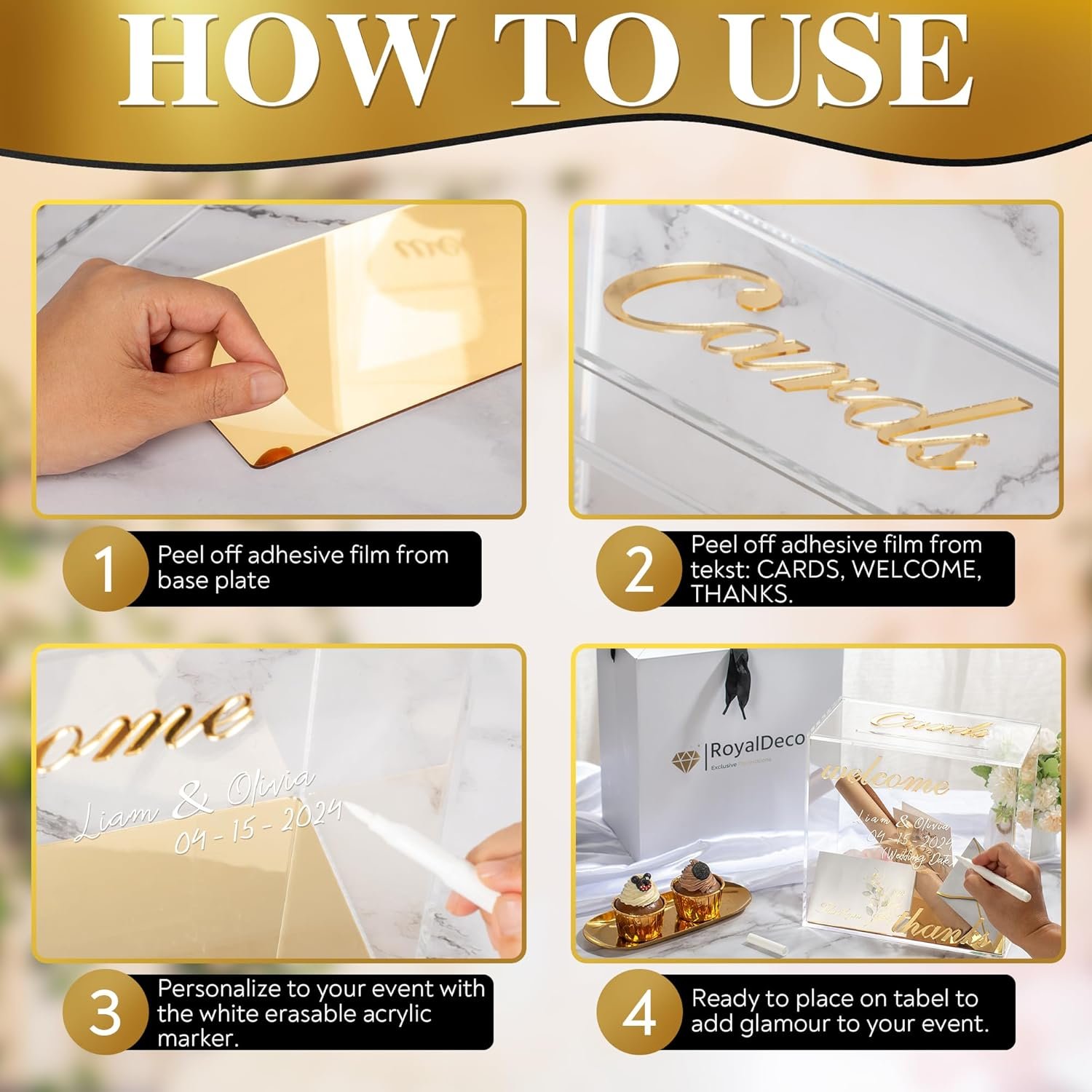 buy in bulk personalized acrylic card box with gold mirror - clear wedding box for cards, cash & envelopes, includes customization marker for parties, events & gifts. source from factory