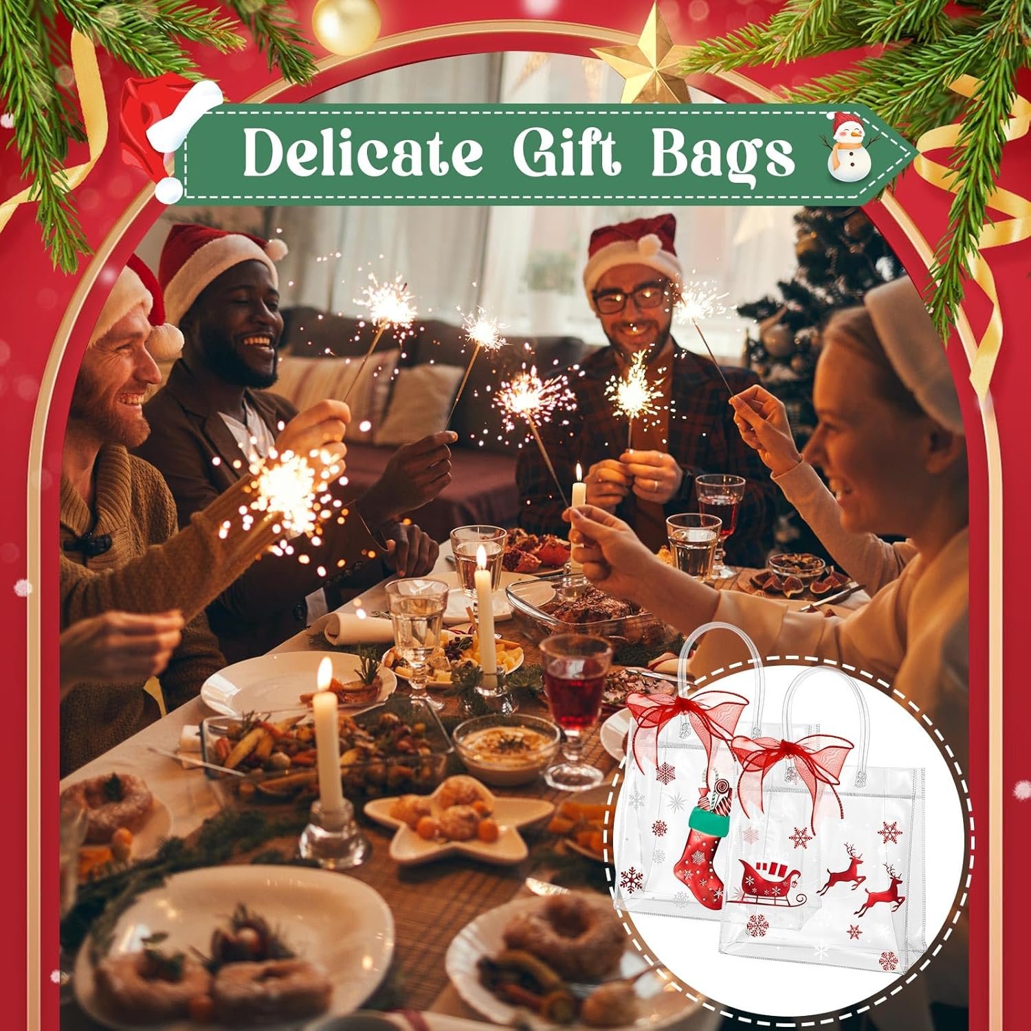 trade price henoyso 24 pcs christmas clear gift bags with handles plastic xmas candy treat bags with ribbon 7.8 x 7.8 x 3.1 pvc gift wrap totes for retail wedding birthday party favors(red) wholesale supplier