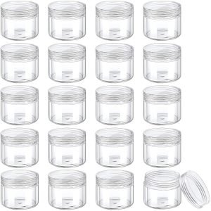 factory direct 20 pieces round pot jars plastic cosmetic containers set with lid for liquid creams sample, 20 ml/ 0.7 oz (clear lid) oem/odm services