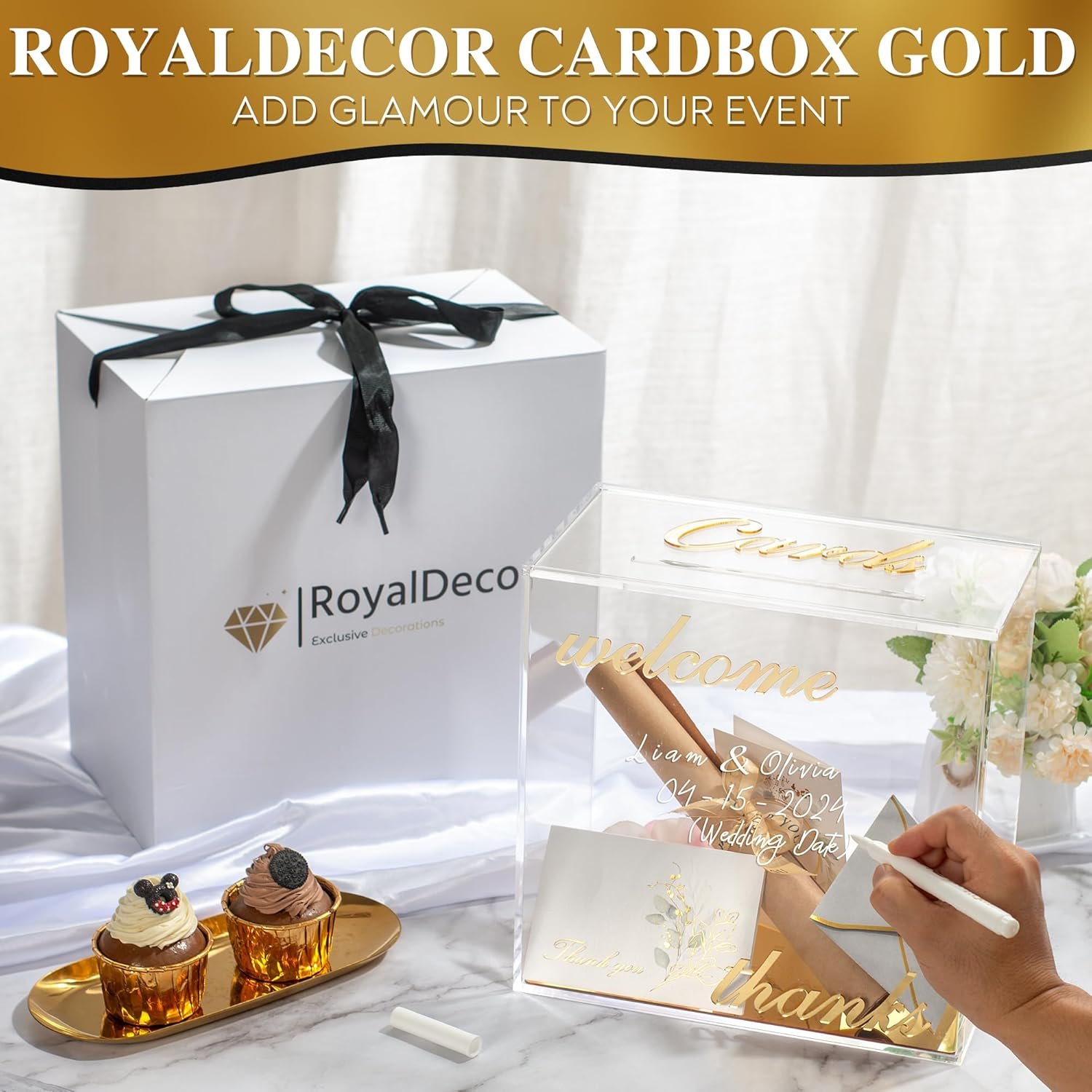buy in bulk personalized acrylic card box with gold mirror - clear wedding box for cards, cash & envelopes, includes customization marker for parties, events & gifts. source from factory