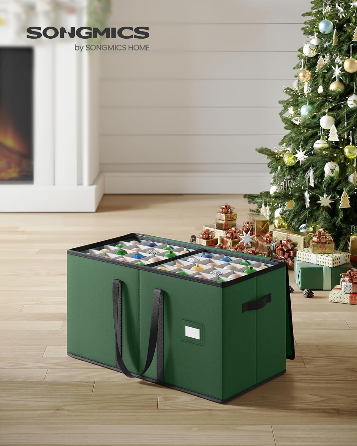factory price songmics large christmas ornament storage box, dual zippers, stackable christmas storage container with lid, 8 trays, 600d oxford, 3-inch 128 slots, forest green urfb035c01 volume discount