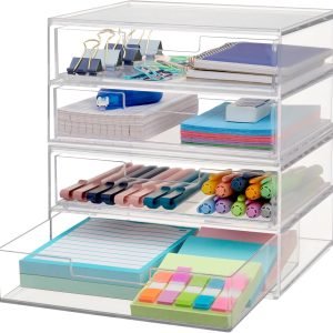 buy in bulk stori chloe space-saving clear drawer organizer (4 wide drawers) sort office, kitchen, beauty supplies, makeup, pens, jewelry, stationary, made in usa source from factory