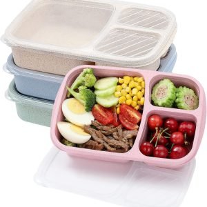 direct bulk orders 4 pack bento lunch box set 3 compartment wheat straw meal prep food storage containers plastic, microwave and dishwasher safe (3 compartment) low-cost wholesale
