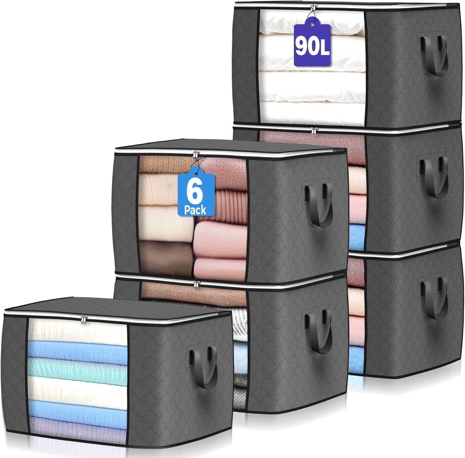 factory direct 90 l large storage bags, 6 pack clothes storage bins foldable closet organizers storage containers with reinforced handle for clothing, blanket, comforters, bed sheets, pillows and toys (gray) oem/odm services