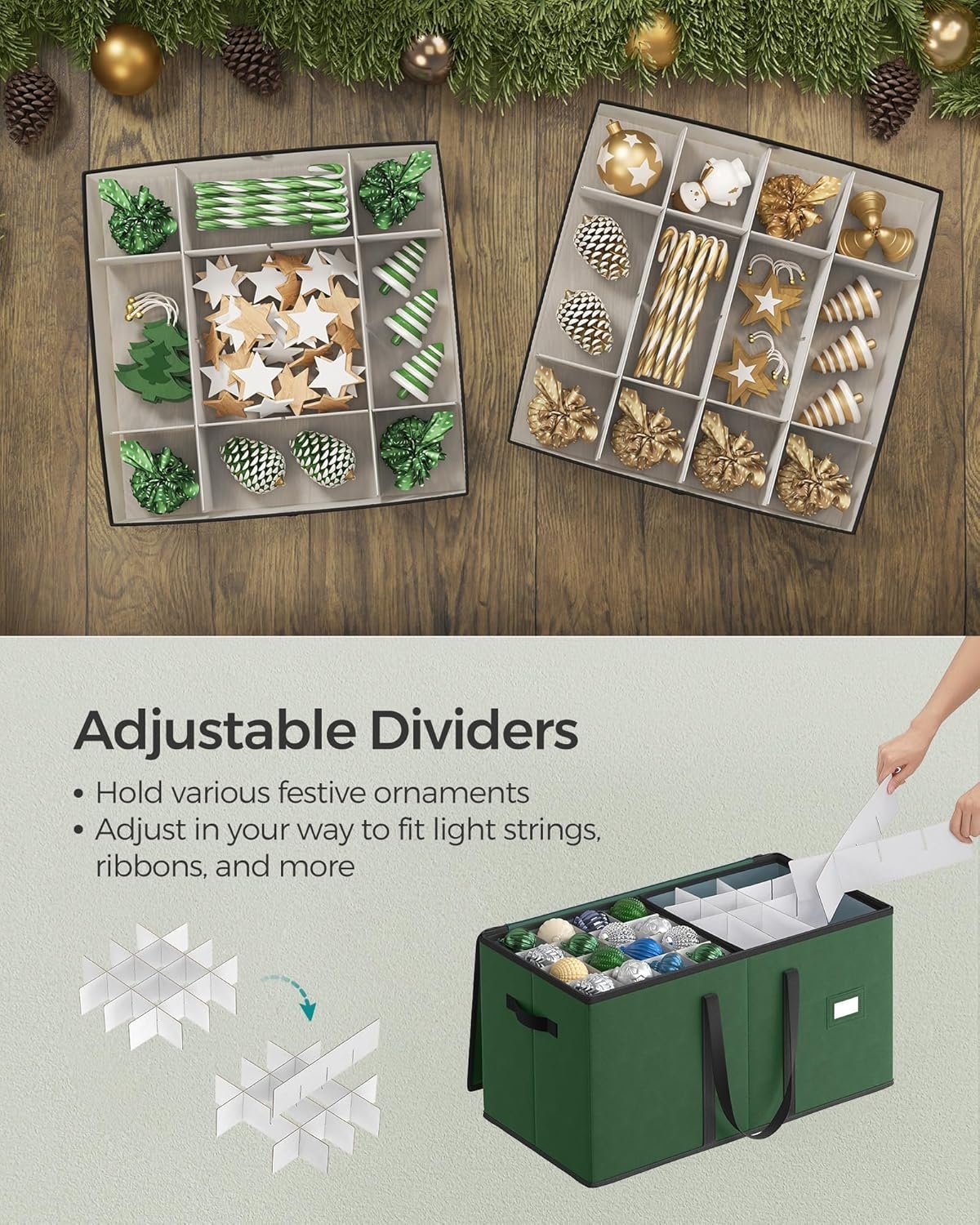 factory price songmics large christmas ornament storage box, dual zippers, stackable christmas storage container with lid, 8 trays, 600d oxford, 3-inch 128 slots, forest green urfb035c01 volume discount