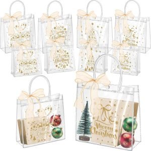 manufacturer direct henoyso 24 pcs christmas clear gift bags with handles and ribbon plastic christmas candy treat bag pvc gift wrap totes for xmas party favors(gold,7.8 x 7.8 x 3.1, 12.6 x 9.8 x 6.7) supplier direct