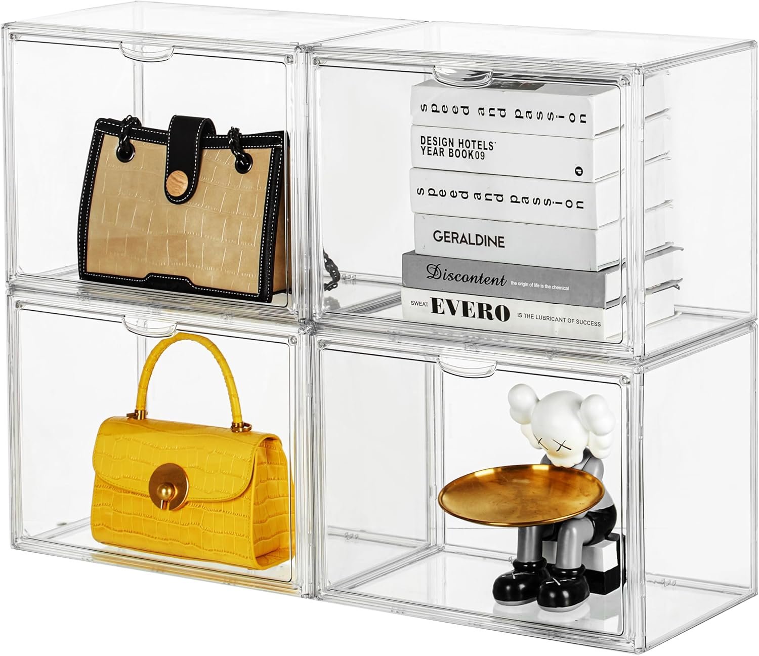 Compre a granel organizador de bolsas e bolsas para armário, vitrine de acrílico transparente para itens colecionáveis, pacote com 4 caixas de armazenamento de plástico com porta magnética para carteira, cosméticos (x grande) de fábrica