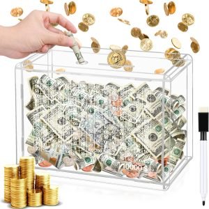 buy in bulk clear money box money bank, countdown money saving box with 10000 dollars target, cash box with money target and numbers to check for boys girls (10000 usd acrylic) source from factory