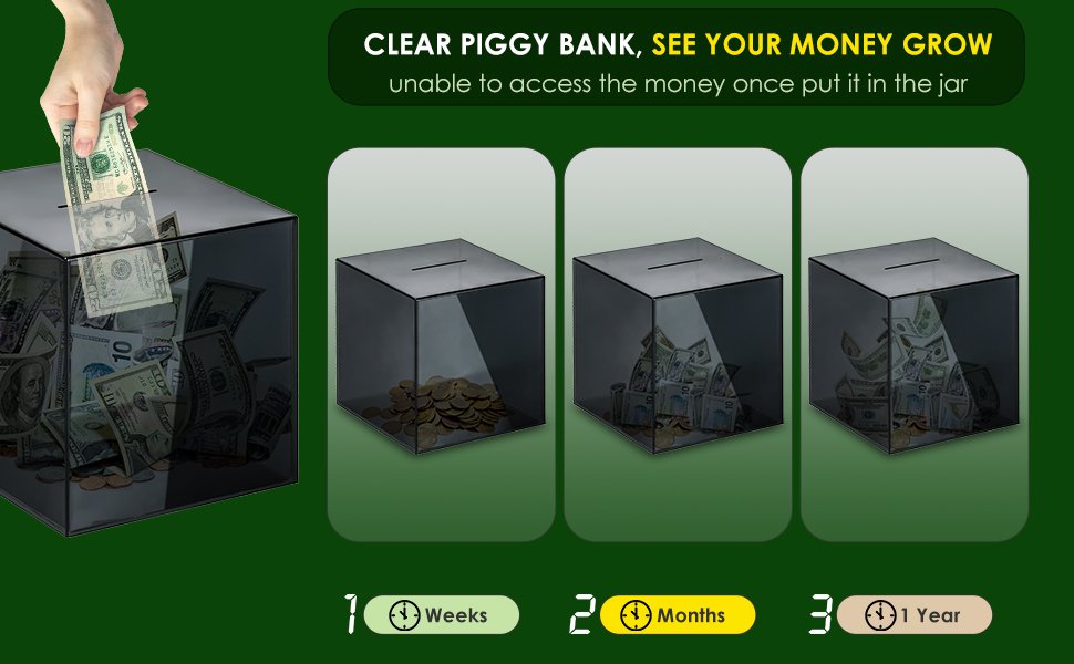 buy in bulk piggy bank for adults must break to open, vcertcpl acrylic clear piggy bank money saving box for cash saving, unopenable adults piggy bank for real money bank coin bank change jar (gray s, 15 * 15cm) source from factory