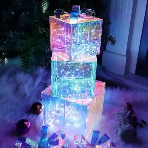 trade price lulu home set of 3 christmas decorations, 140 leds light up clear colorful boxes with bows, plug-in xmas boxes with timer for christmas trees holiday display party indoor decors wholesale supplier