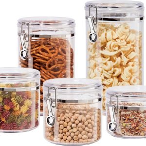 factory direct oggi 5pc clear canister set with clamp lids airtight containers in sizes ideal for kitchen & pantry storage of bulk, dry foods including flour, sugar, coffee, rice, tea, spices & herbs oem/odm services