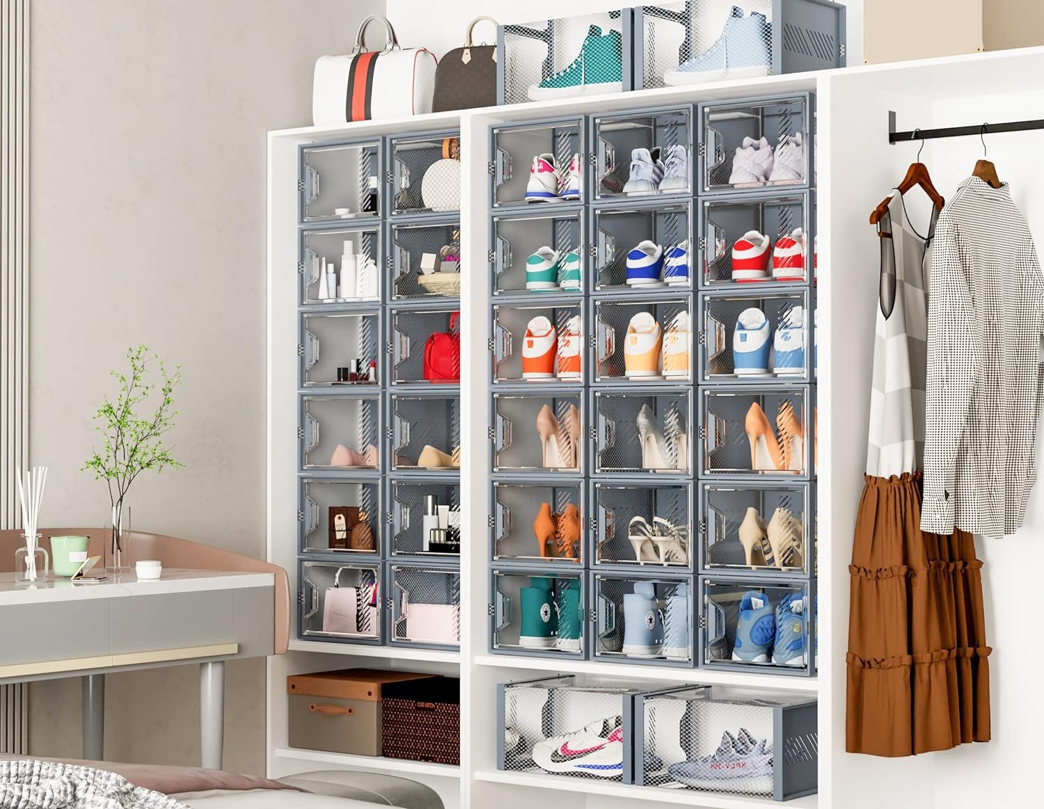 factory price shoe storage, 12 pack x-large shoe organizer for closet, shoe boxes clear plastic stackable shoe storage boxes for size 13 volume discount