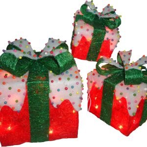 trade price national tree set of 3 red sisal gift boxes with bow and 50 clear lights (mzgb-asst-35l) wholesale supplier