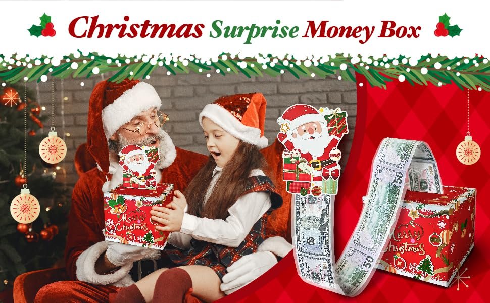 trade price christmas money box for cash gift pull, surprise explosion gift with 60pcs transparent bags for christmas, diy holiday cash box for money holder for women men girls boys mom dad (red) wholesale supplier
