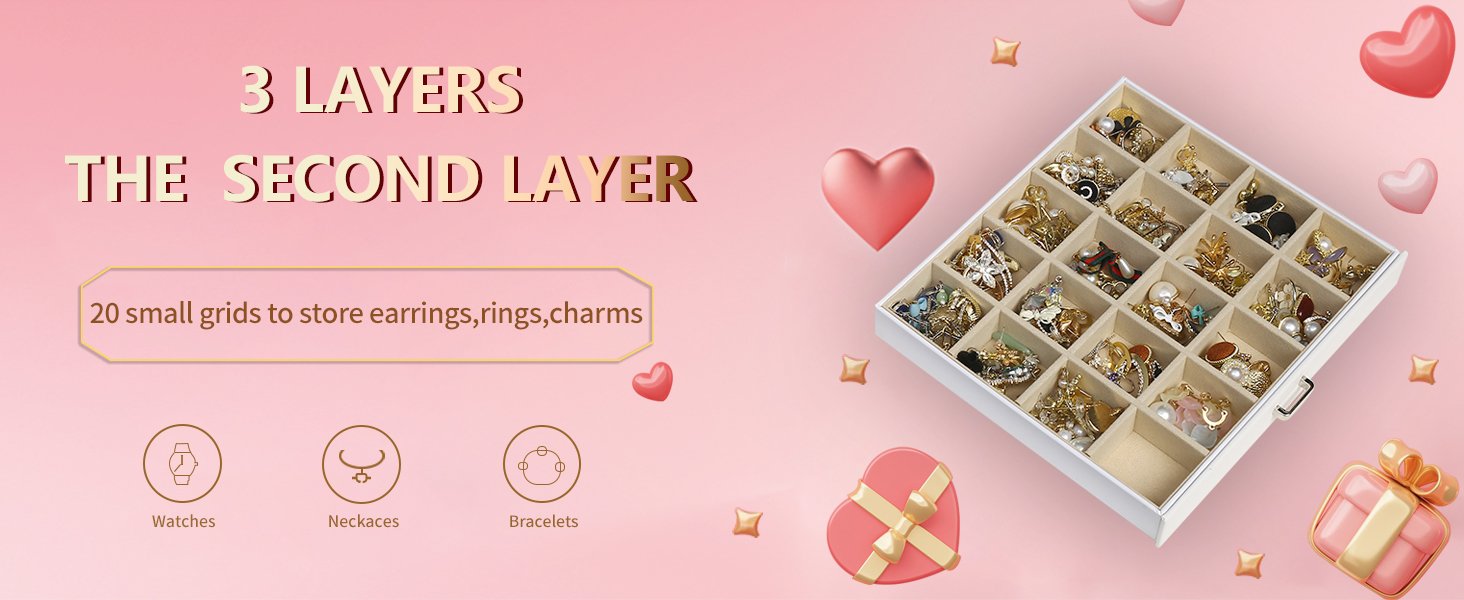 trade price boovo clear lid jewelry box,3 layers jewelry organizer large multi-functional jewelry storage box with 2 drawers,jewelry display case of rings earrings necklace bracelets for women girls (white) wholesale supplier