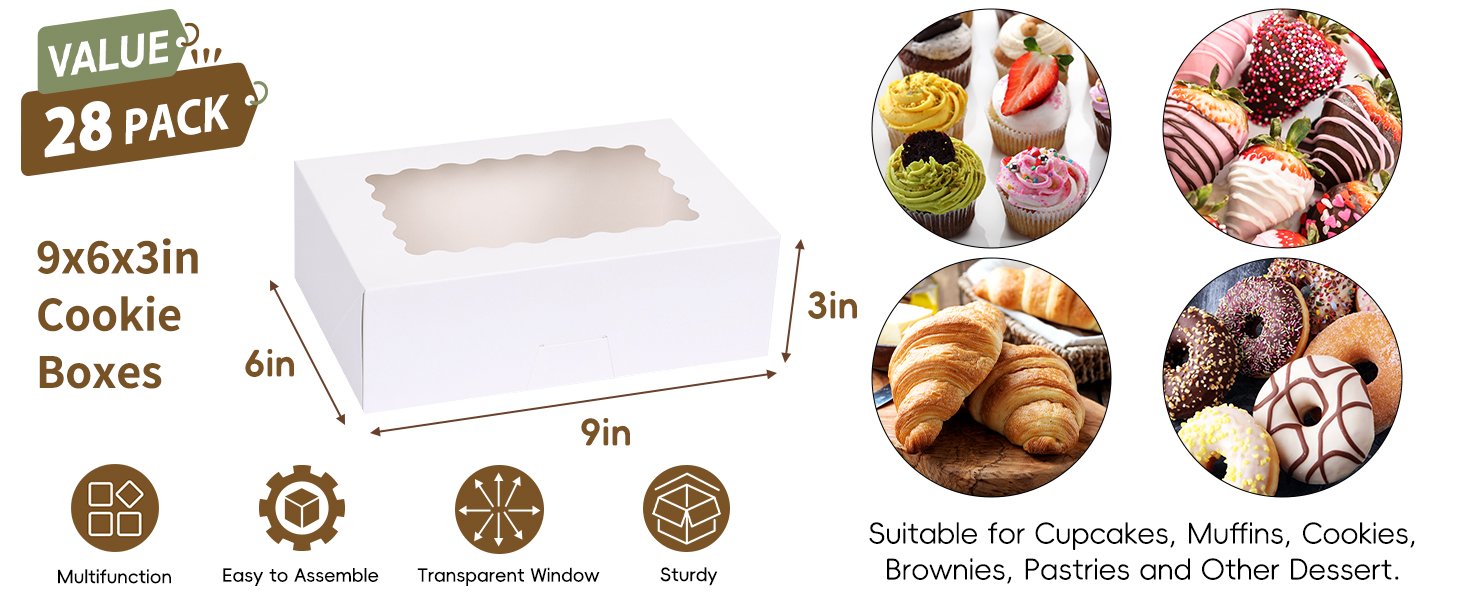trade price moretoes 28pcs cookie boxes with window, 9x6x3 inch white christmas bakery boxes paper gift giving cupcake boxes dessert boxes pastry boxes for chocolate covered strawberries, candy, muffins, donuts wholesale supplier