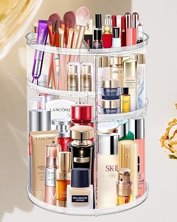 buy in bulk makeup organizer 360 rotating cosmetic organizer diy adjustable makeup carousel spinning holder rack, large capacity cosmetic storage box makeup brushes organizer for vanity countertop (clear) source from factory