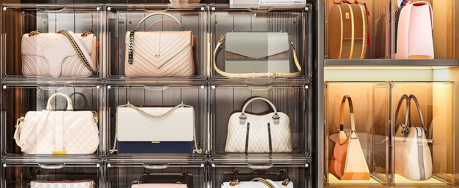 buy in bulk dilibra 4 packs clear plastic handbag storage organizer for closet, acrylic display case for purse and handbag, stackable storage boxes bag organizer with magnetic door for clutch wallet book toys source from factory