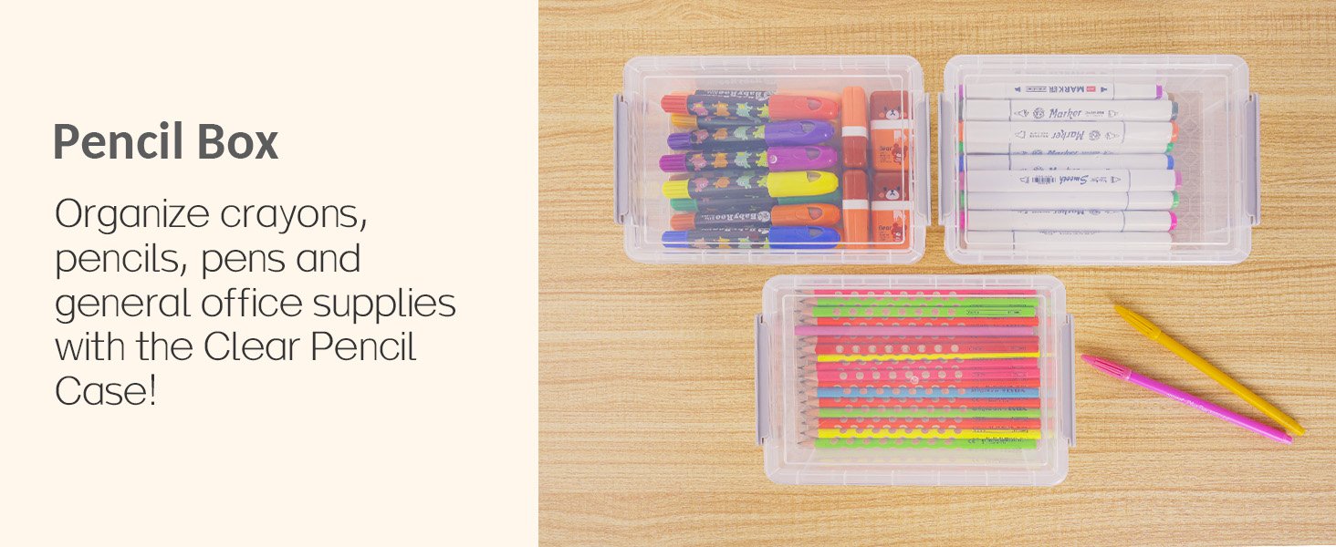 factory direct sooez 6 pack extra large pencil box, plastic pencil case crayon box bulk, clear marker organizer plastic containers with lid, stackable storage box for craft, pen, art, school supply, grey oem/odm services