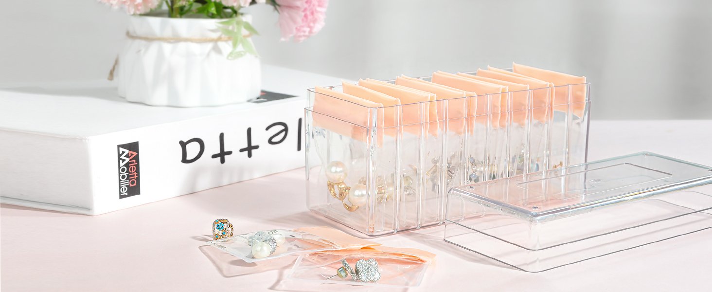 buy in bulk acrylic jewelry box,clear jewelry organizer with 15 eva portable anti oxidizing zipper bags,travel jewelry case for earrings/ring/necklace women source from factory