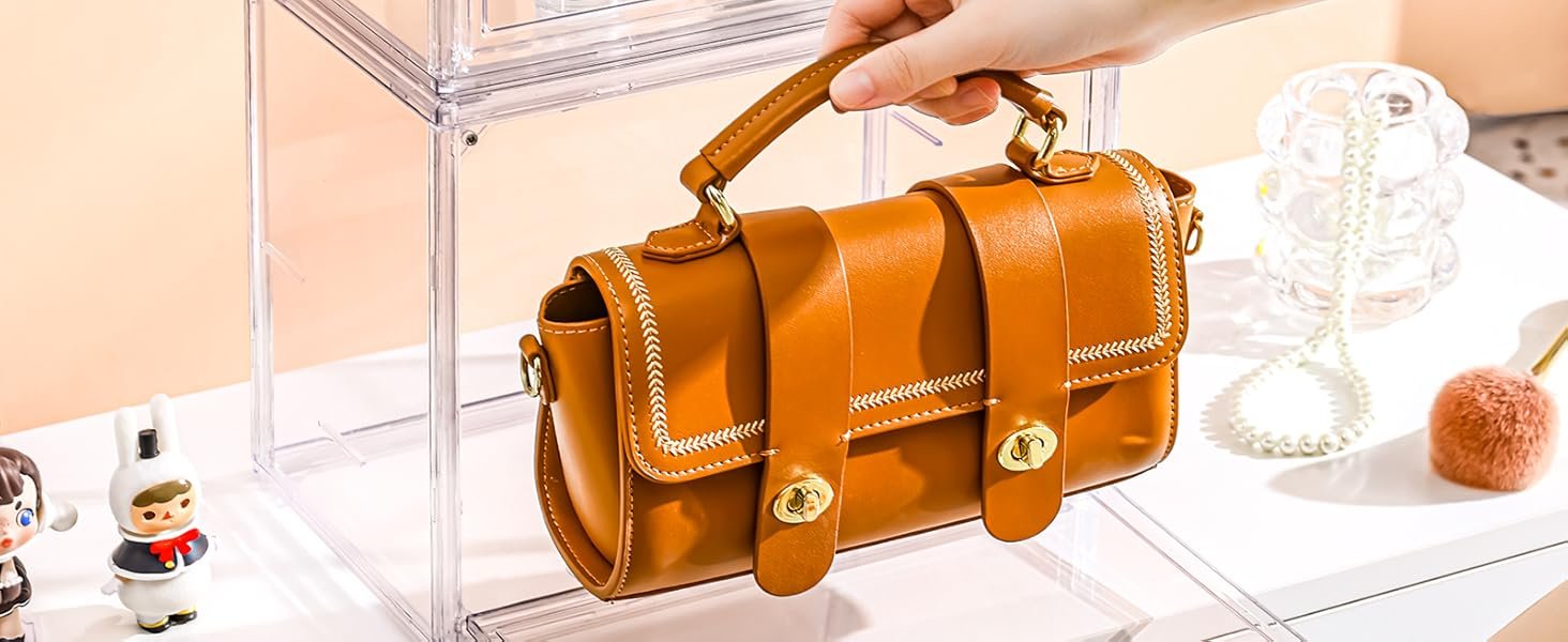 buy in bulk dilibra 4 packs clear plastic handbag storage organizer for closet, acrylic display case for purse and handbag, stackable storage boxes bag organizer with magnetic door for clutch wallet book toys source from factory